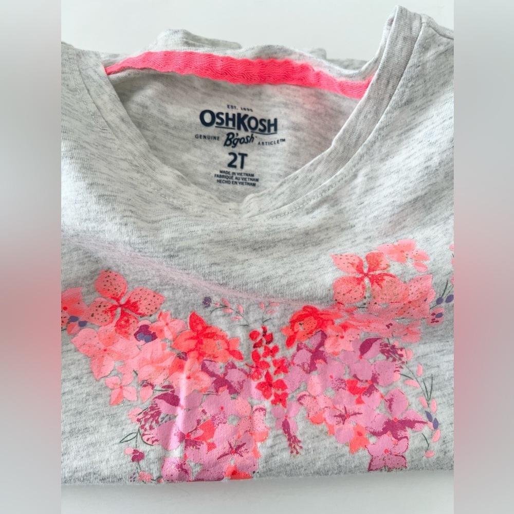OshKosh B'gosh Gray w/Pink Floral Butterfly & Ruffle Hem, Graphic Tee | Girl 2T - Picture 3 of 5